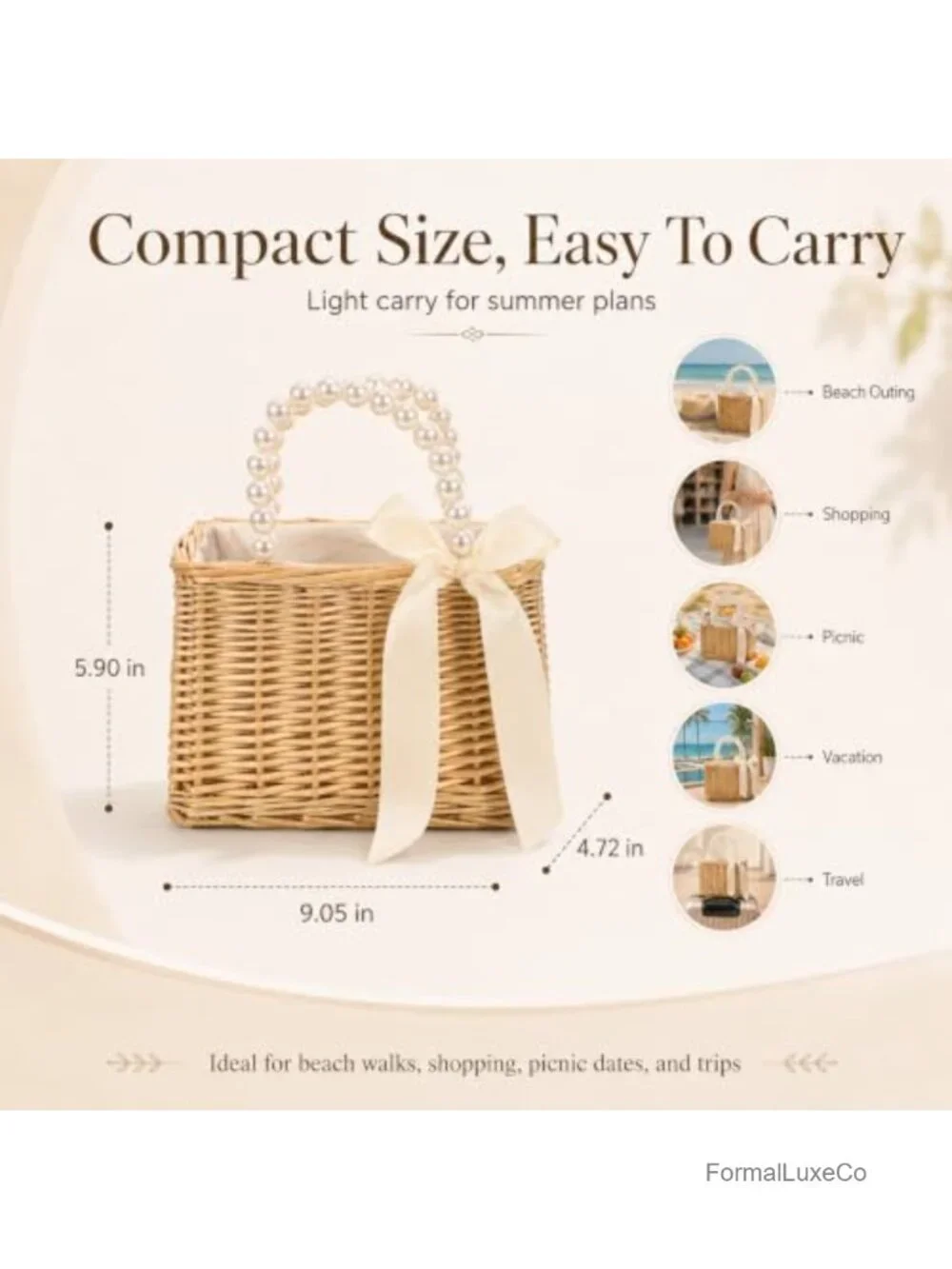 Woven Straw Basket Tote Bag with Pearl Handle Bow Drawstring Closure Summer